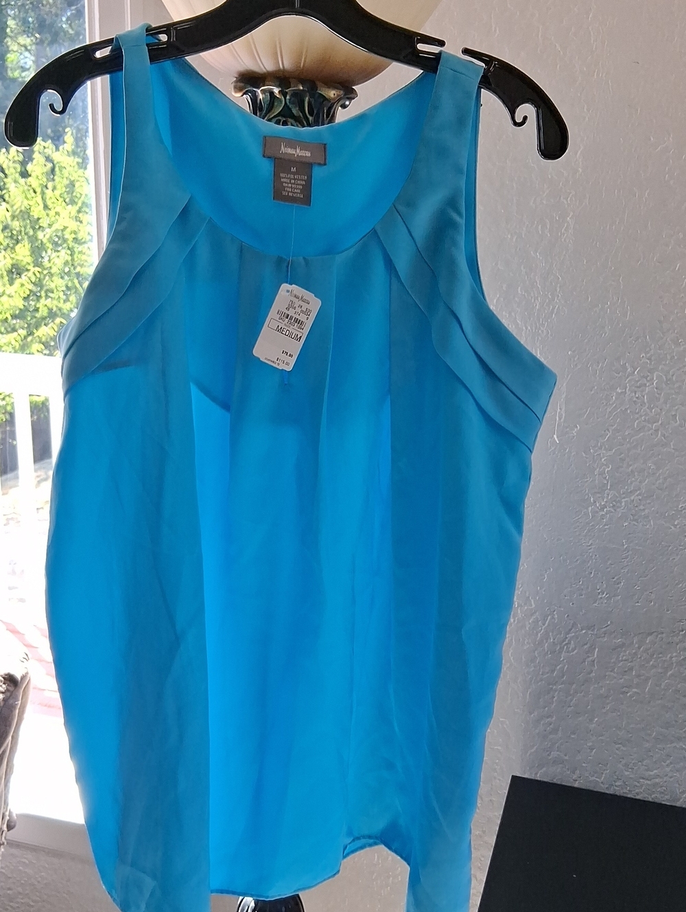 Neiman Marcus Bright Turquoise Pleated Sleeveless Camisole